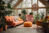 Orange sofa and pink chair in a greenhouse.