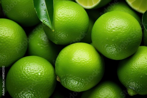  a pile of limes with a green leaf on top of one of the lemons is on the other side of the lemons and the limes is on the other side of the.