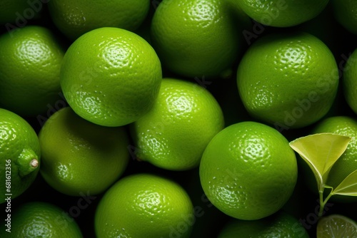  a pile of limes with a green leaf on top of them and a few more limes in the middle of the pile with a green leaf on top of the pile.