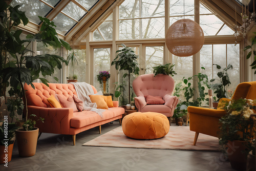 Orange sofa and pink chair in a greenhouse.