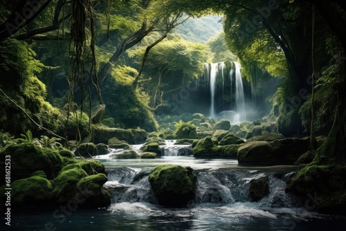  a painting of a waterfall in the middle of a forest with mossy rocks in the foreground and a stream in the middle of the middle of the picture.