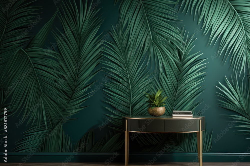 a table with a potted plant on top of it next to a wall with a palm leaf pattern on it and a dark green wall with a gold trim. a table with a potted plant on top of it next to a wall with a palm leaf pattern on it and a dark green wall with a gold trim.