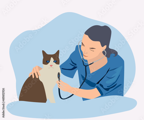 Veterinarian listening with stethoscope cat isolated on vet hospital interior. Vector set of woman vet holds cat on table