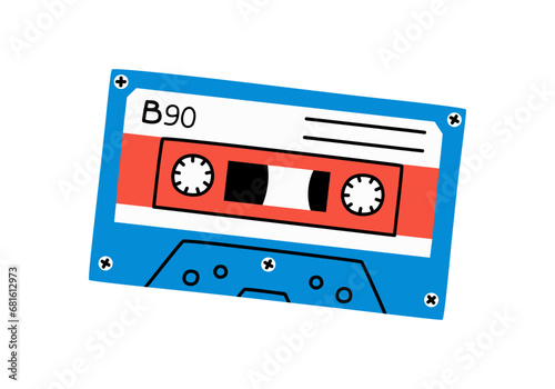 Hand drawn cute cartoon illustration of retro music cassette. Flat vector old audio tape sticker in simple colored doodle style. Sound record device icon or print. Black and pink colors. Isolated.