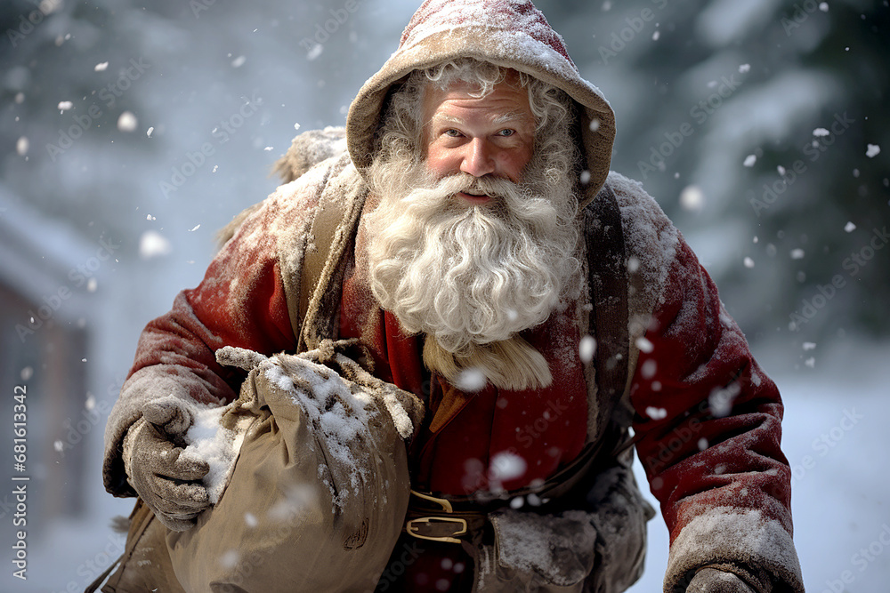 Santa Claus carrying a sack of gifts in the snow. Generative AI