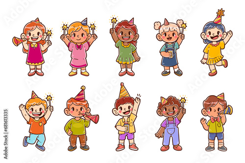 Kids character vector celebrating new year illustration set