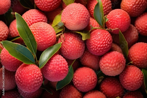  a pile of red raspberries with green leaves on the top and bottom of the berries and leaves on the bottom of each of the top of the berries.
