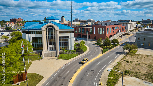 City of Muncie building along N High Street aerial in downtown Midwest town, IN © Nicholas J. Klein