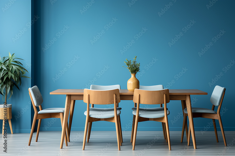 Wooden table and chairs against blue wall design generated by Ai Wooden table and chairs against blue wall design generated by Ai