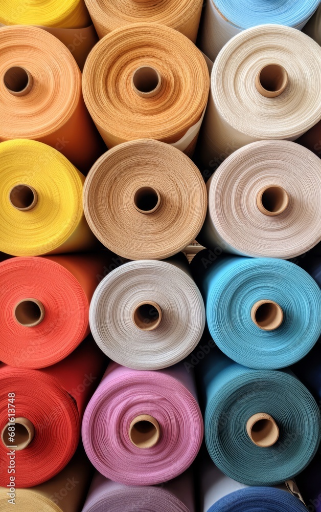 Colorful rolls of fabric stacked together,close up Colorful rolls of fabric stacked together,close up