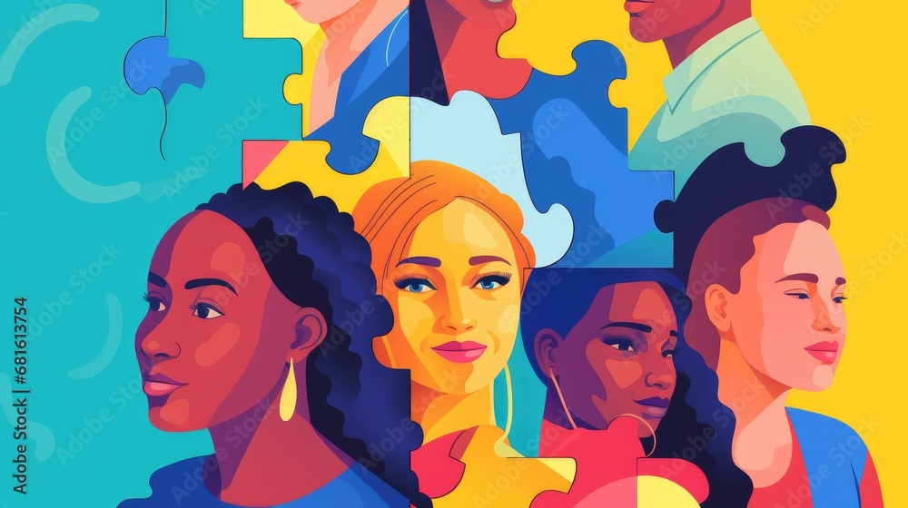 Diverse people from different races as completing a puzzle. Diversity, unity, equality and inclusion theme Diverse people from different races as completing a puzzle. Diversity, unity, equality and inclusion theme