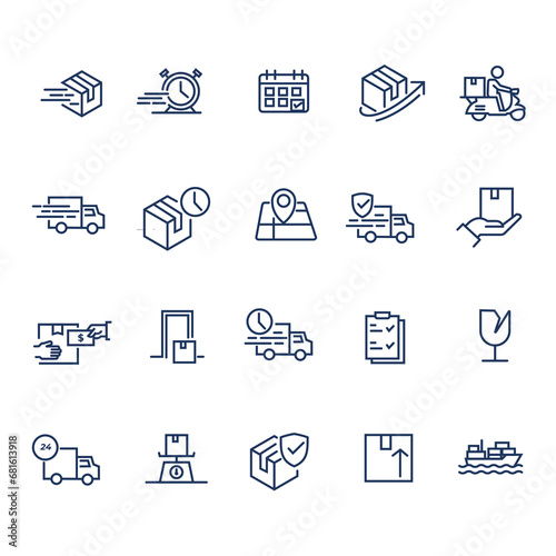 Package delivery, collection of delivery related line icons