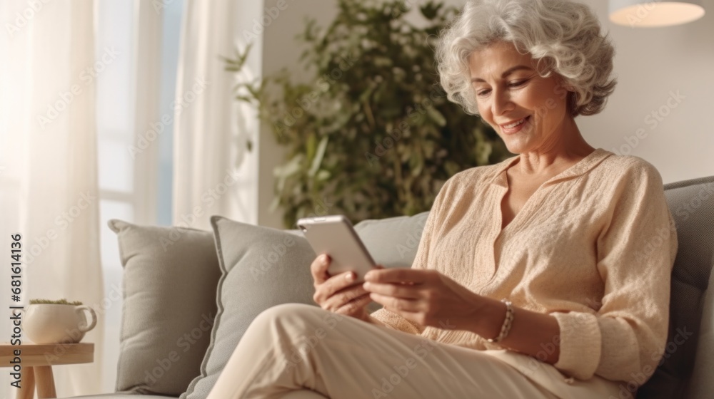 The senior lady looks content while sitting on the sofa and browsing her smartphone at home. The senior lady looks content while sitting on the sofa and browsing her smartphone at home.