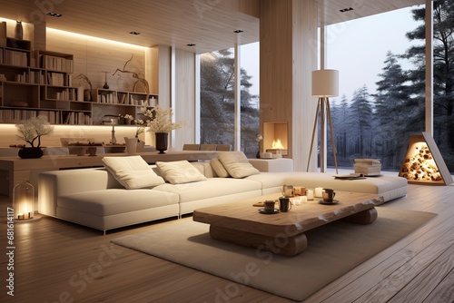 Cozy bright modern living room. White interior background