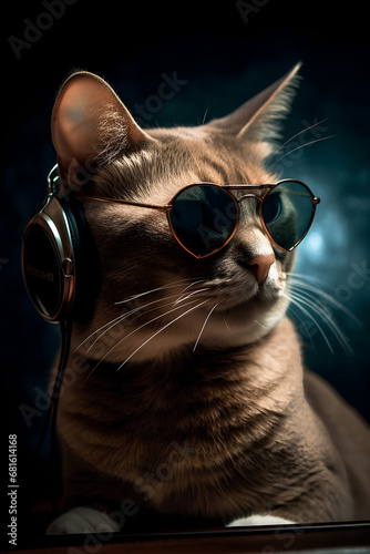 Portrait of party dj cat with headphones and sunglasses on dark background