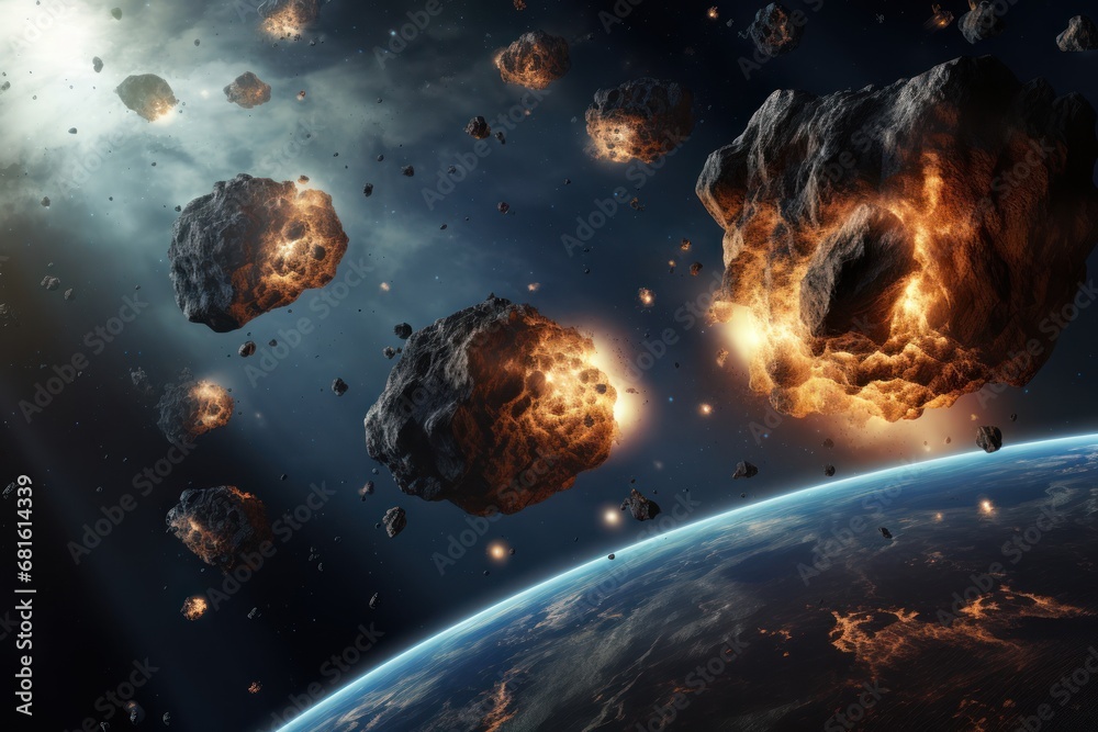 an artist's impression of a massive explosion of rocks and debris in space, with a planet in the foreground and a distant view of the earth in the background. an artist's impression of a massive explosion of rocks and debris in space, with a planet in the foreground and a distant view of the earth in the background.