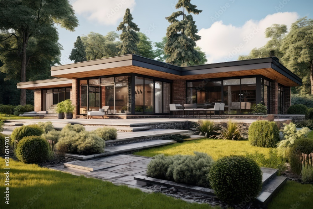  an artist's rendering of a modern house in the middle of a lush green yard with steps leading up to the front of the house and a covered patio.