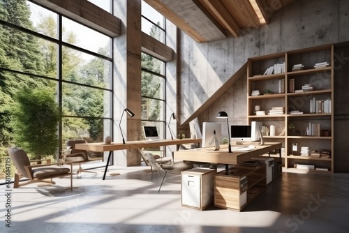  a room with a desk, chair, bookshelf and a computer on a desk in front of a large window with a view of a wooded area with lots of trees.