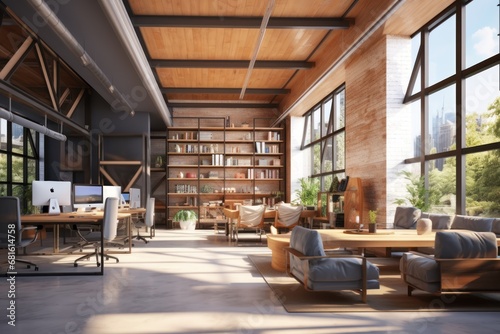  a large open room with a lot of windows and a desk with a laptop on it and a lot of bookshelves and a lot of chairs in front of windows.