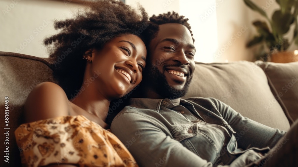 Smiling duo unwinding on the couch.