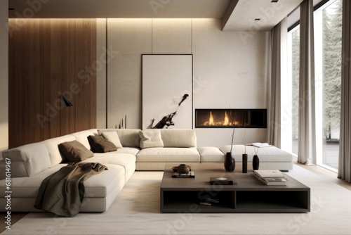  a living room with a large white couch and a fire place in the middle of the room and a large window on the side of the wall to the other side of the room.