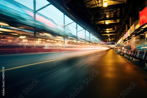  a blurry photo of a train station with a train on the tracks and a building in the background with a red light at the end of the line of the photo. © Shanti