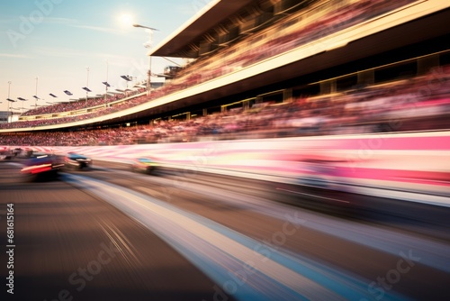  a blurry photo of a race track with a lot of cars in the foreground and a crowd of people on the sidelines of the track in the background.