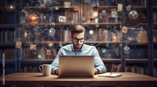 Young businessman working in office with world map and icons on the background