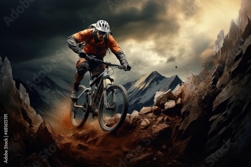  a man riding a mountain bike on top of a rocky hill under a cloudy sky with a mountain range in the background and a dark sky filled with dark clouds.
