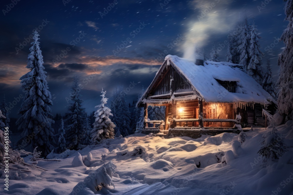  a cabin in the middle of a snowy forest at night with a full moon in the sky and a full moon in the sky above the cabin in the snow.