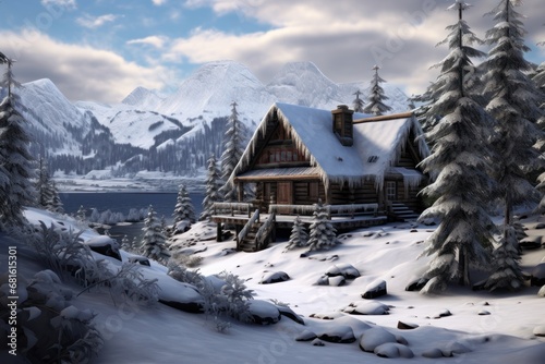  a cabin in the mountains with snow on the ground and trees in the foreground and a body of water in the distance with snow on the ground and snow on the ground.