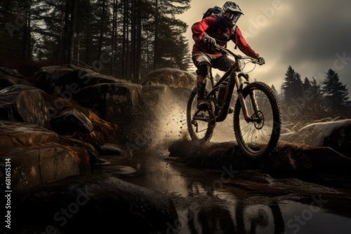  a man riding a mountain bike on top of a puddle of water in front of a forest filled with rocks and a forest filled with lots of tall pine trees. © Shanti