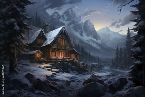  a painting of a cabin in the mountains with snow on the ground and trees in the foreground and a mountain range in the background with snow on the ground. photo