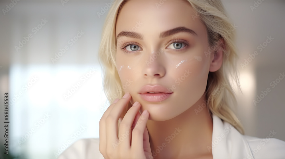 A pretty blond girl touches her face with moisture on a pure white background.