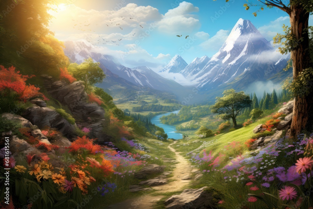  a painting of a mountain landscape with flowers and a path leading to a lake with a mountain in the distance and a bird flying over the top of the picture.