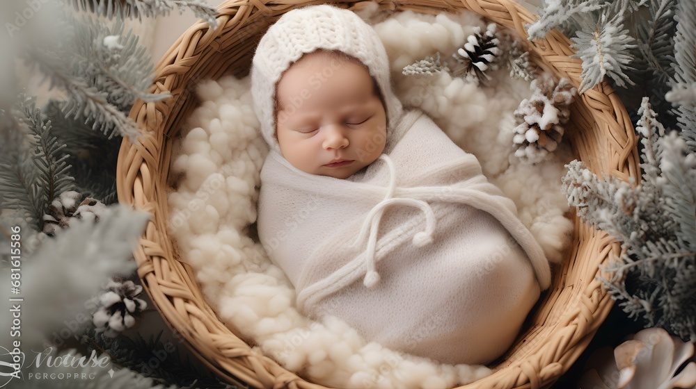 Cute baby in a cozy blanket photo, sleeping, Generative AI Cute baby in a cozy blanket photo, sleeping, Generative AI