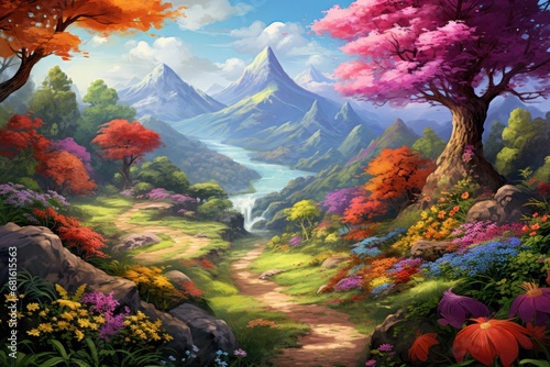  a painting of a mountain landscape with flowers and a path leading to a lake with a mountain in the distance and a river running through the center of the landscape.