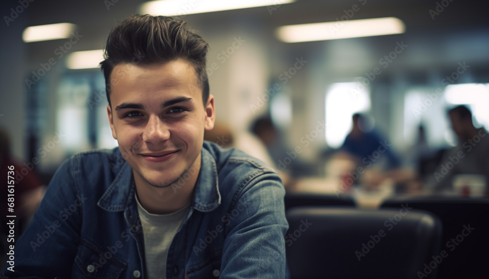 Smiling young adult Caucasian male sitting at table studying indoors generated by AI Smiling young adult Caucasian male sitting at table studying indoors generated by AI