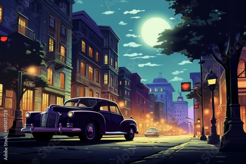  a car parked on the side of the road in front of a street light at night with a full moon in the sky above the buildings and a full moon in the sky.