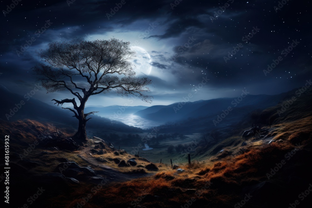  a painting of a tree on a hill under a full moon filled sky with stars and a full moon in the distance, with a distant mountain range in the distance.