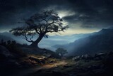  a painting of a tree in the middle of a mountain with a trail leading to it and a full moon in the sky over the mountains in the back ground.
