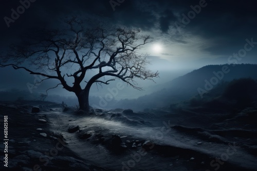  a lone tree stands in the middle of a dark, foggy landscape with a path leading to it and a full moon visible in the distance in the distance.