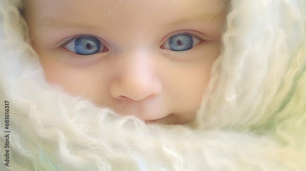 Cute baby in a cozy blanket photo, sleeping. stock photo