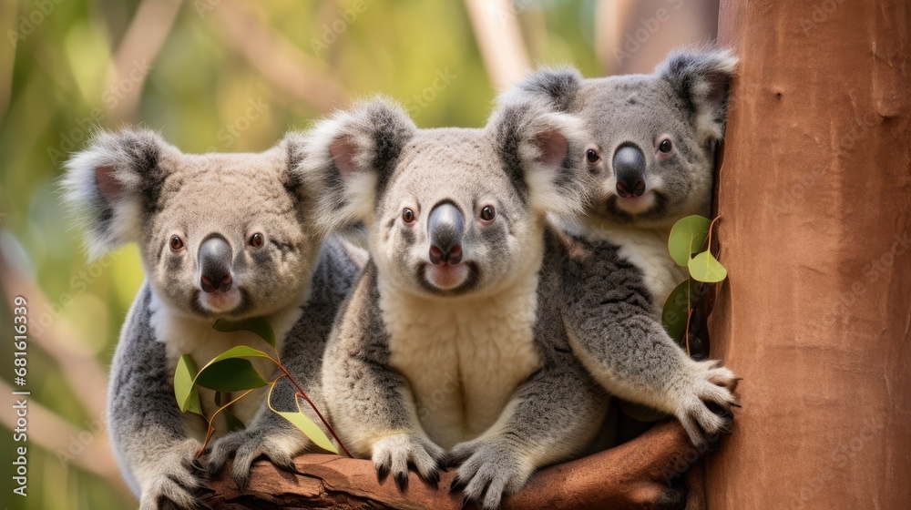 Naklejka premium A group of koalas in an Australian eucalyptus forest