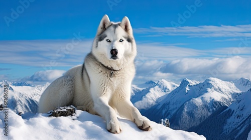 A husky on a snowy mountain summit photo
