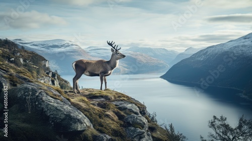 A lone reindeer standing proudly on a rocky outcrop overlooking a fjord in Norway