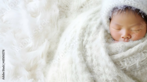 Cute baby in a cozy blanket photo, sleeping. stock photo