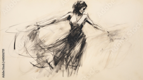 Black charcoal pencil drawing of a young active ballet dancing lady in white background with live performance 