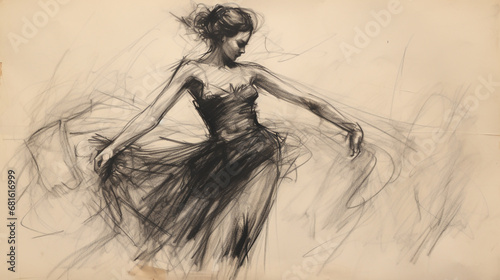 Black charcoal pencil drawing of a young active ballet dancing lady in white background with live performance 