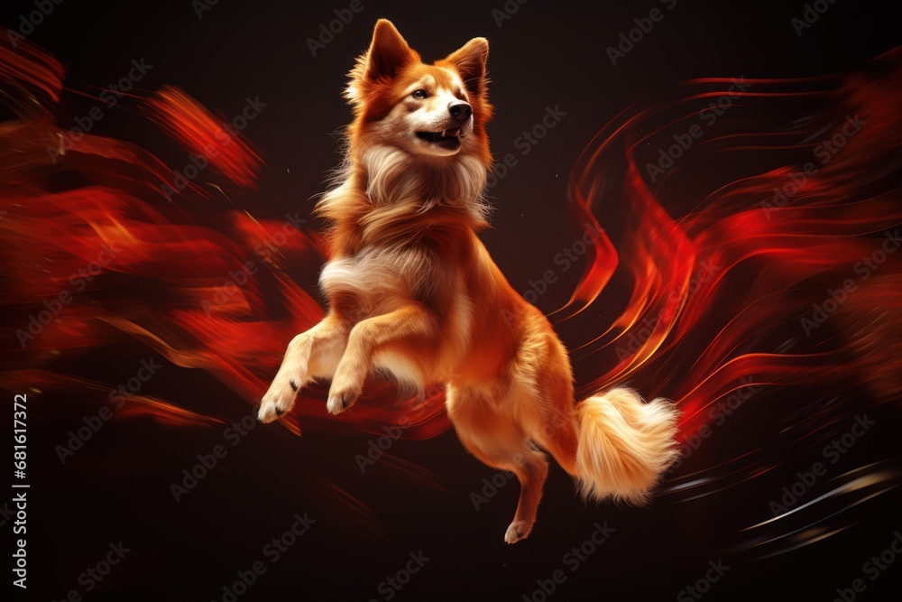 Φωτογραφία a dog is flying through the air with its mouth open and it's eyes are wide open and it's tail is red and it's tail is in the air